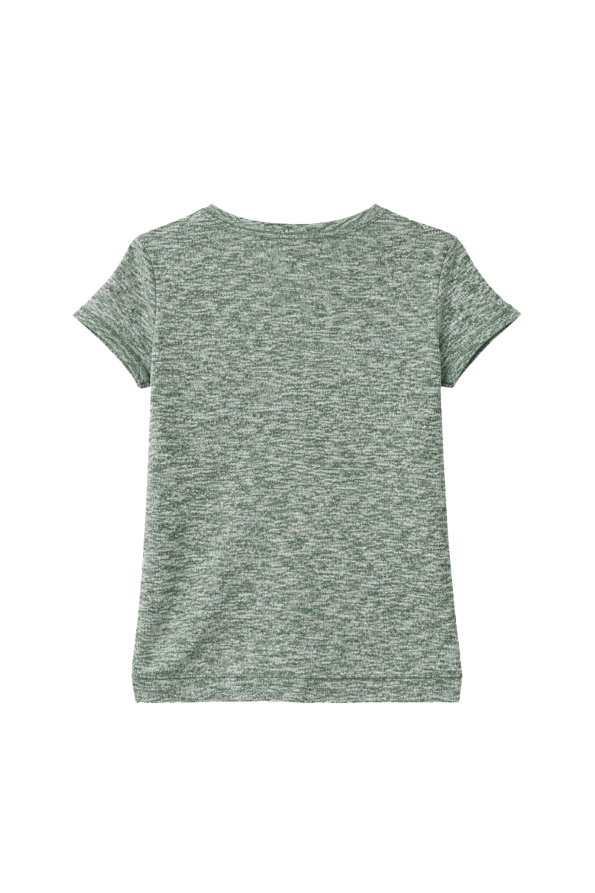 Elvira Casuals Top Angela Khaki Melange, lichtgewicht blouse met kaki melange stof en ronde hals, gedragen door een model.