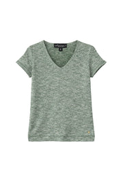 Elvira Casuals Top Angela Khaki Melange, casual damestop met groen-bruin gemêleerd patroon en ronde halslijn.