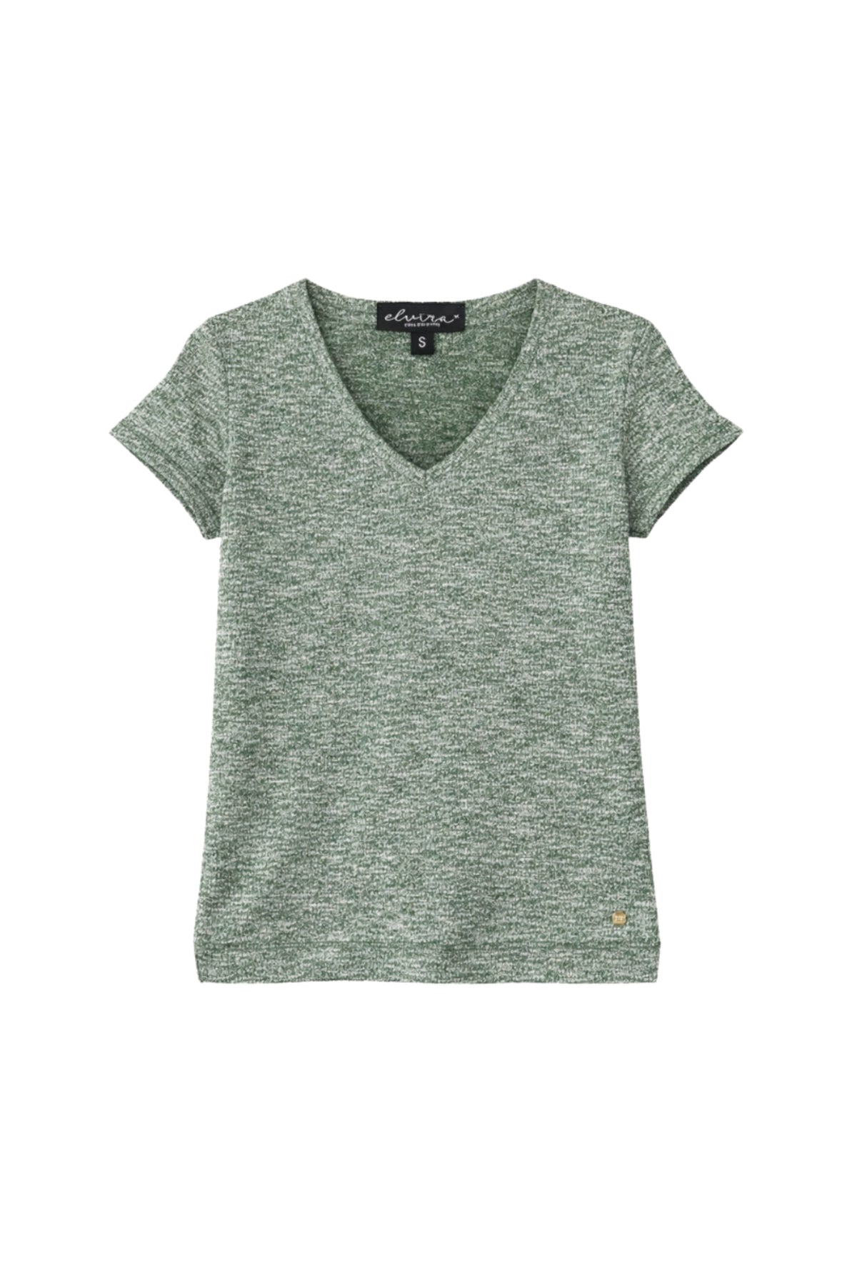 Elvira Casuals Top Angela Khaki Melange, casual damestop met groen-bruin gemêleerd patroon en ronde halslijn.