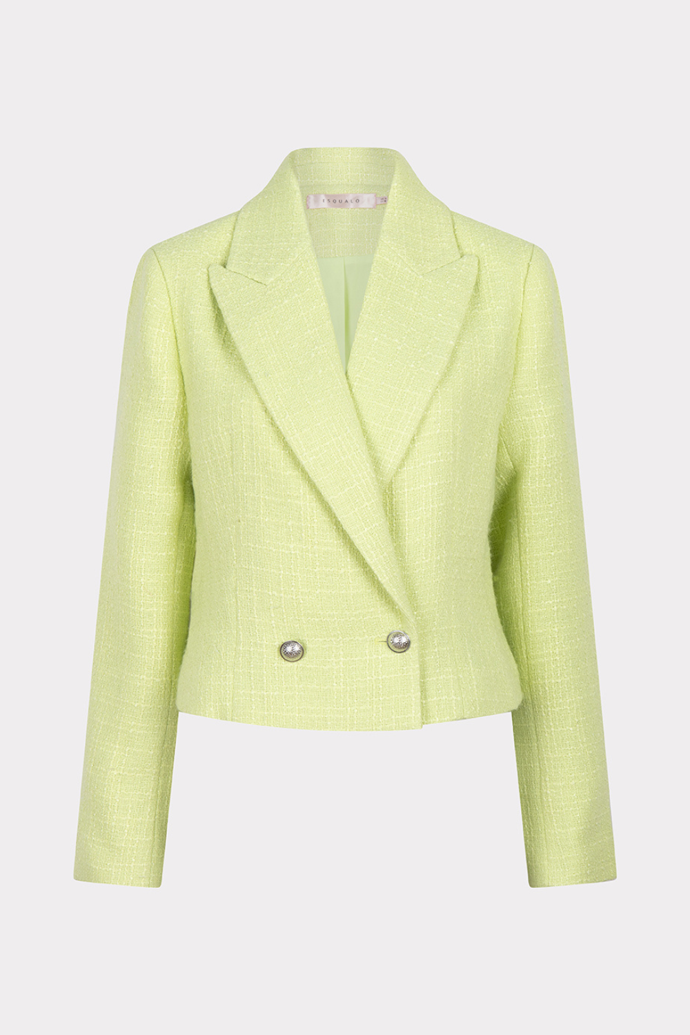 Donkergroene tweed double-breasted blazer van EsQualo met klassieke snit en groene tint, zichtbaar op de afbeelding.