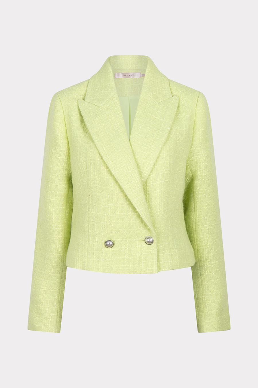 Donkergroene tweed double-breasted blazer van EsQualo met klassieke snit en groene tint, zichtbaar op de afbeelding.