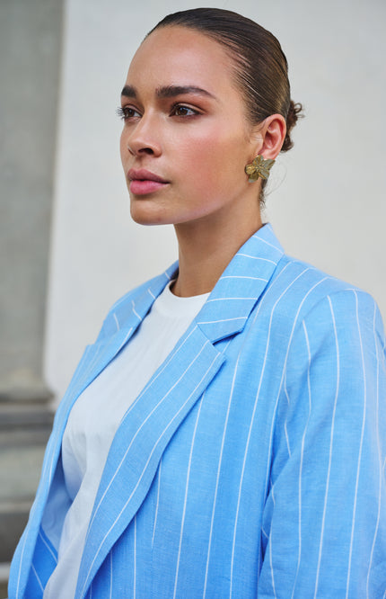 EsQualo Blazer Linen Stripe Pacific Blue SP26.17005 Stretchshop.nl