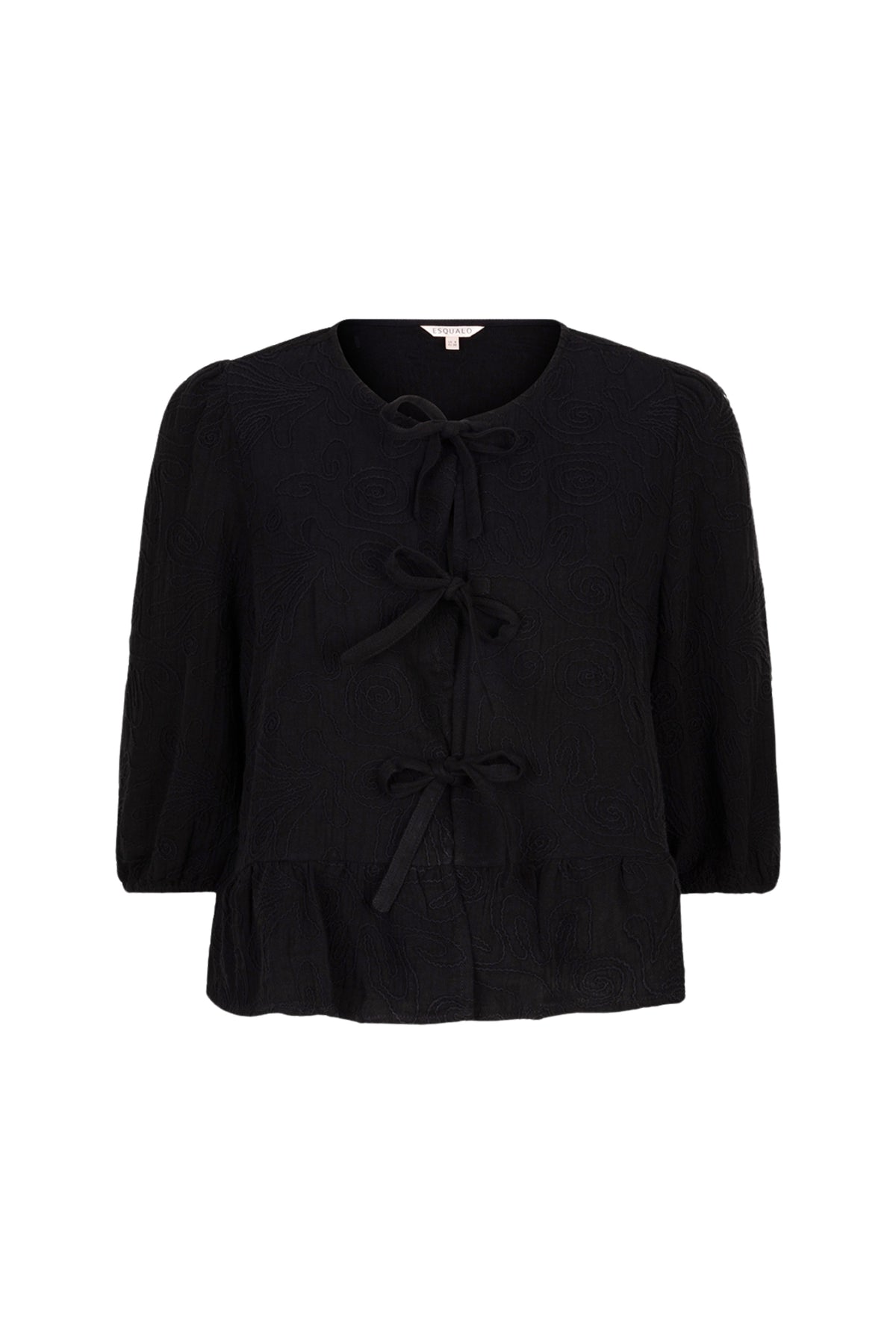 Zwarte blouse met 3D borduursel van EsQualo, stijlvolle en gedetailleerde ontwerp voor dames.