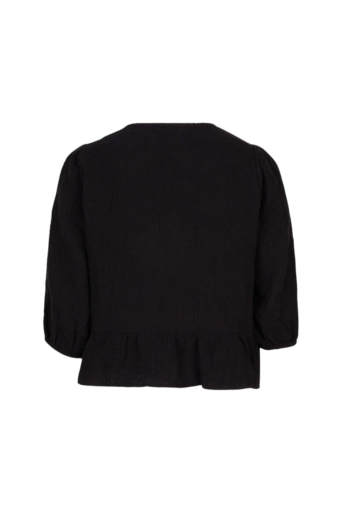 Zwarte blouse met 3D borduursels van EsQualo, stijlvolle damesblouse met gedetailleerde embroidery.