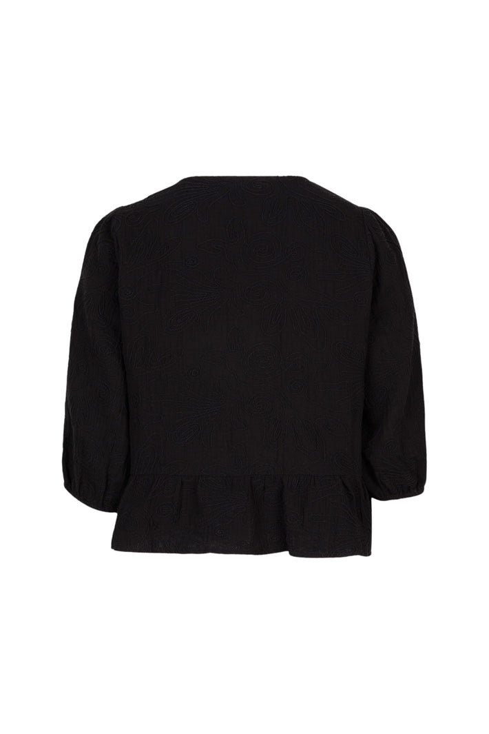 Zwarte blouse met 3D borduursels van EsQualo, stijlvolle damesblouse met gedetailleerde embroidery.