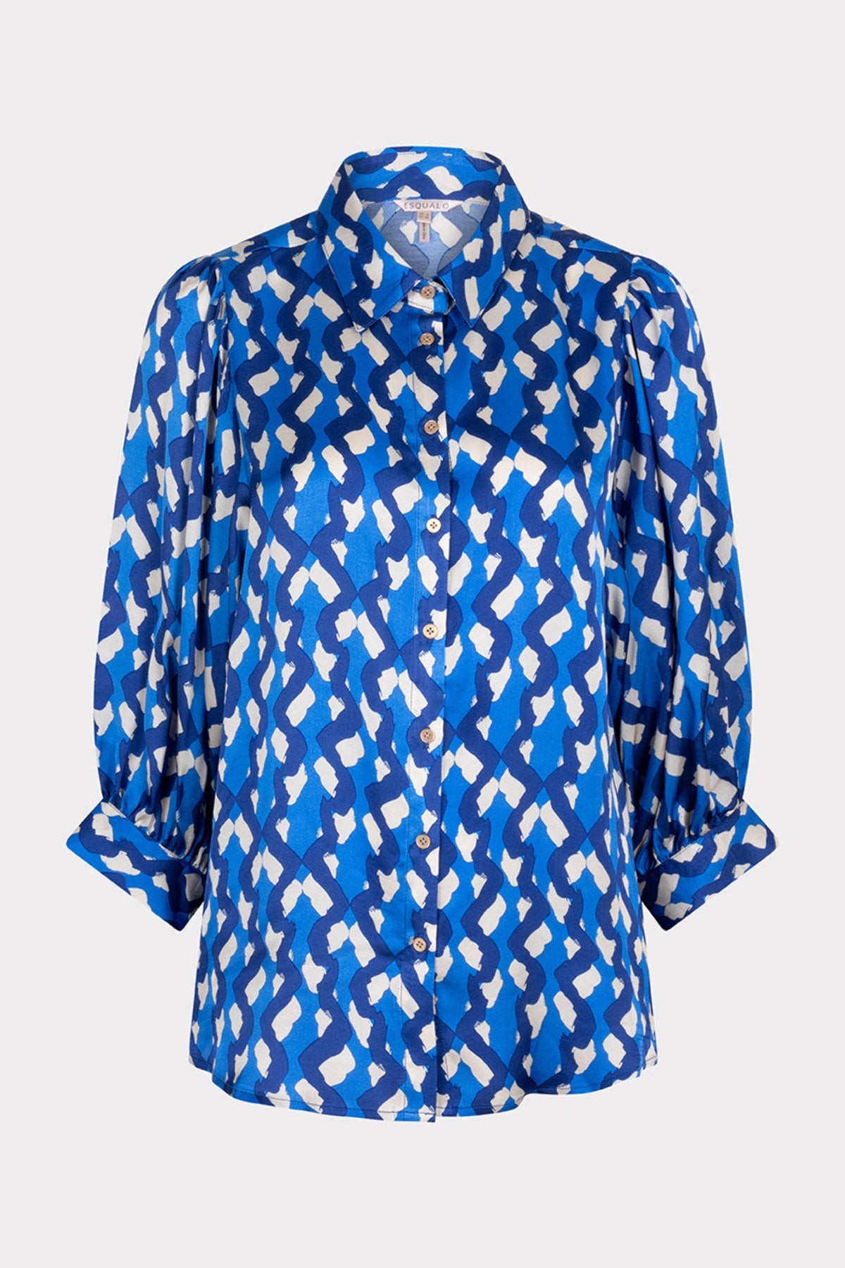 EsQualo blouse met grote mouwen en fantasieprint, Utopia Fantasy, modellijn SP25.14017, zichtbaar met kleurrijk patroon.