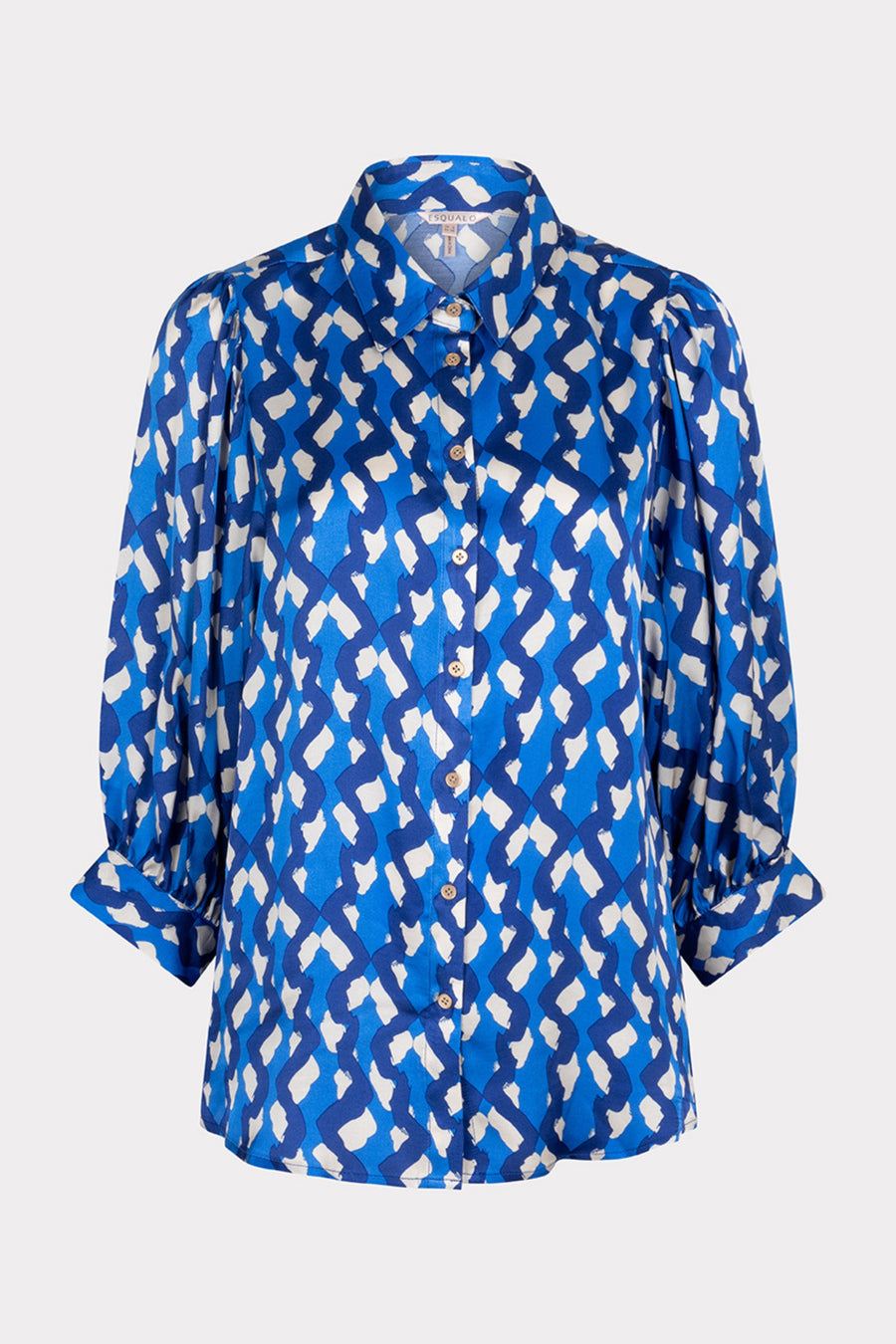 EsQualo blouse met grote mouwen en fantasieprint, Utopia Fantasy, modellijn SP25.14017, zichtbaar met kleurrijk patroon.