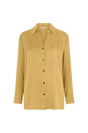 Crinkle Cupro blouse in goudgroen van EsQualo, met losvallende pasvorm en elegante uitstraling.