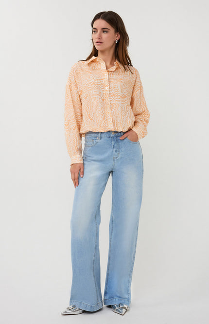 EsQualo Blouse Elastic Bottom Waves Print SP26.10020 Stretchshop.nl