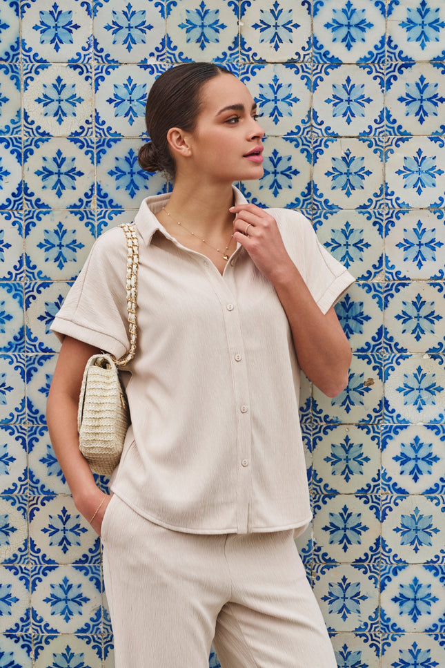 EsQualo Blouse Fancy Crinkle Light Sand SP25.30016 Stretchshop.nl