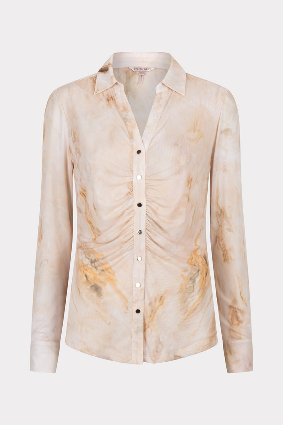 Zwarte mesh blouse met marmerprint van EsQualo, stijlvolle damestop met elegant ontwerp en uniek patroon.