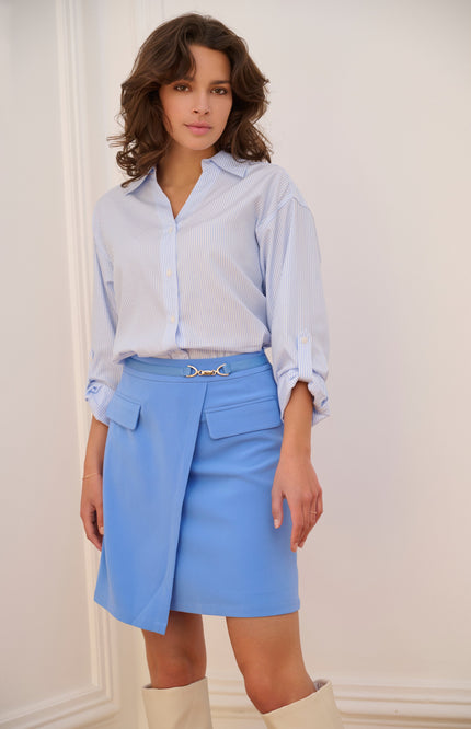 EsQualo Blouse Oversized Striped Blue White SP25.14005 Stretchshop.nl