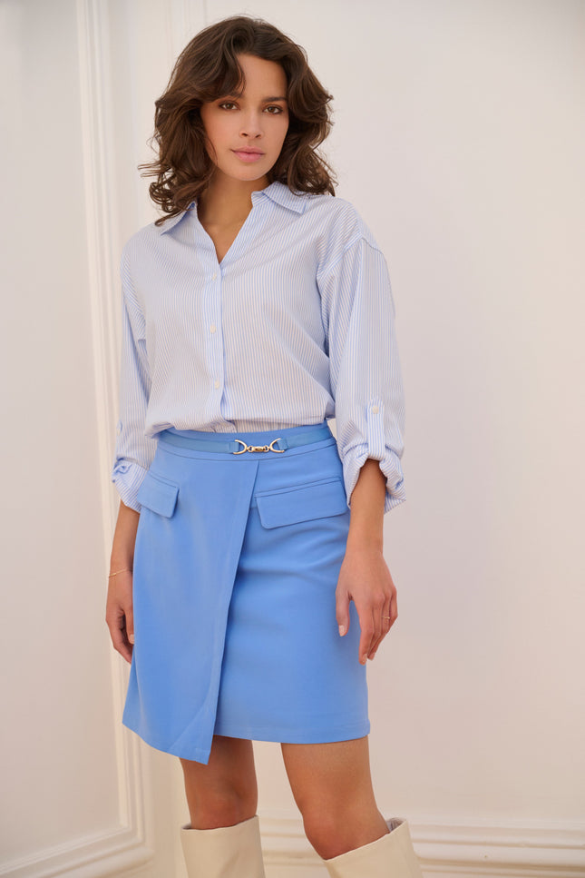 EsQualo Blouse Oversized Striped Blue White SP25.14005 Stretchshop.nl