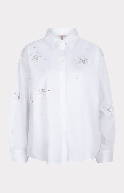 EsQualo Blouse Poplin Rhinestones Offwhite SP25.14008 Stretchshop.nl
