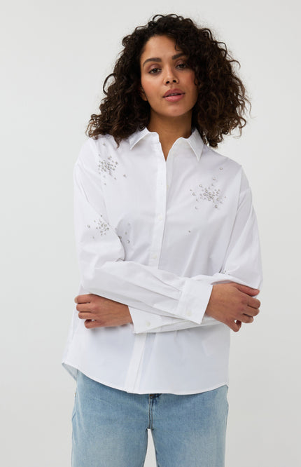 EsQualo Blouse Poplin Rhinestones Offwhite SP25.14008 Stretchshop.nl