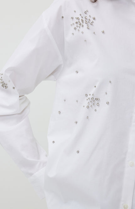 EsQualo Blouse Poplin Rhinestones Offwhite SP25.14008 Stretchshop.nl