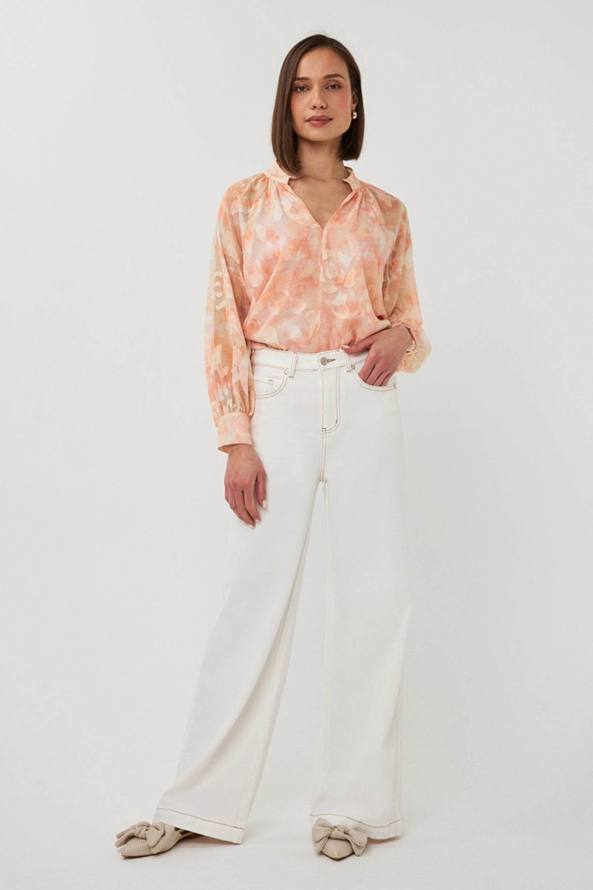 EsQualo blouse Raglan met waterverfprint, kleurrijk damesoverhemd met lange mouwen en losvallend model, waterverfpatroon.