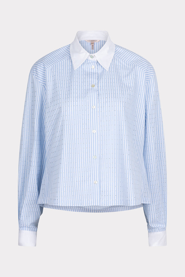 EsQualo Blouse Rhinestones Striped Blue White SP25.10032 Stretchshop.nl