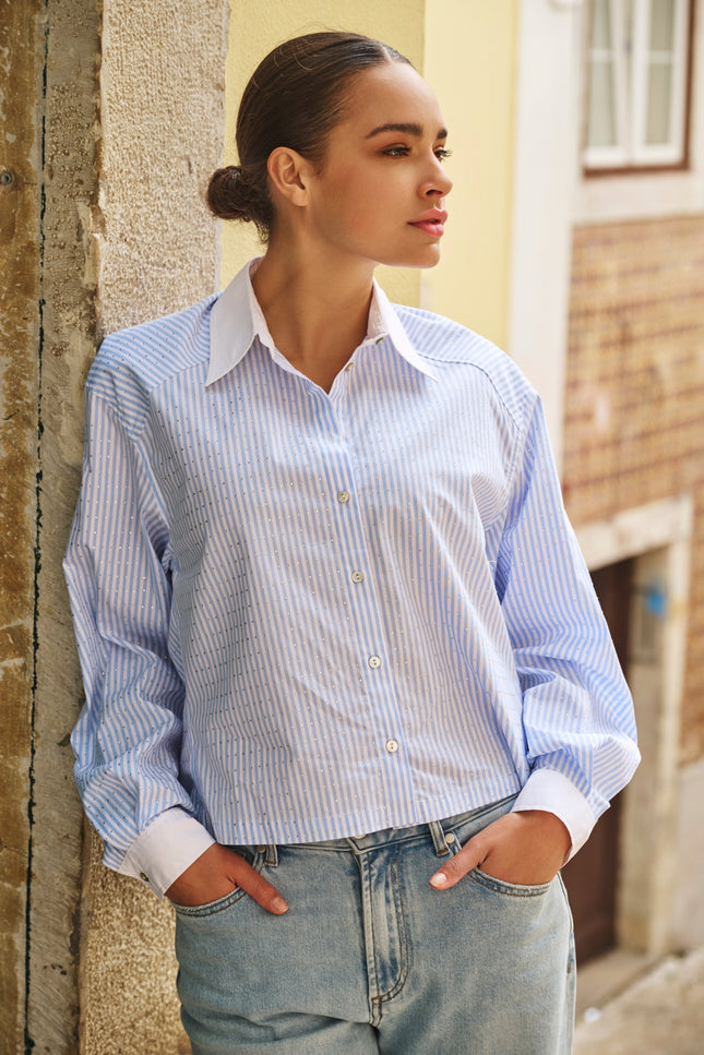 EsQualo Blouse Rhinestones Striped Blue White SP25.10032 Stretchshop.nl