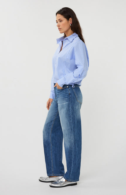 EsQualo Blouse Striped Cropped Batwing Blue White SP26.28002 Stretchshop.nl