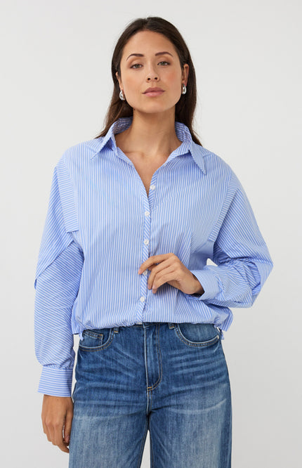 EsQualo Blouse Striped Cropped Batwing Blue White SP26.28002 Stretchshop.nl