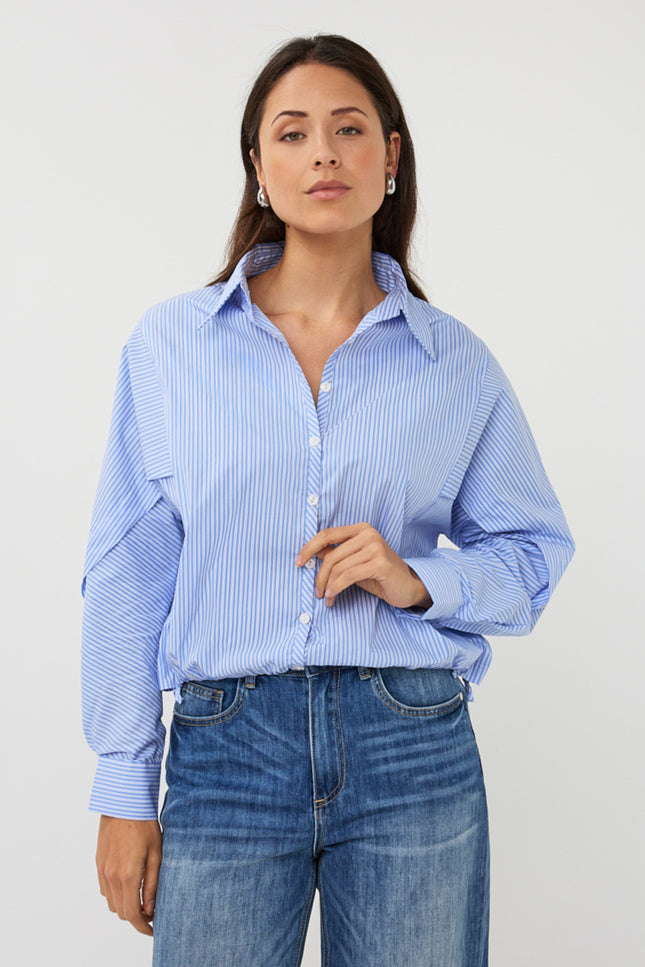 EsQualo Blouse Striped Cropped Batwing Blue White SP26.28002 Stretchshop.nl