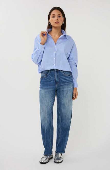 EsQualo Blouse Striped Cropped Batwing Blue White SP26.28002 Stretchshop.nl