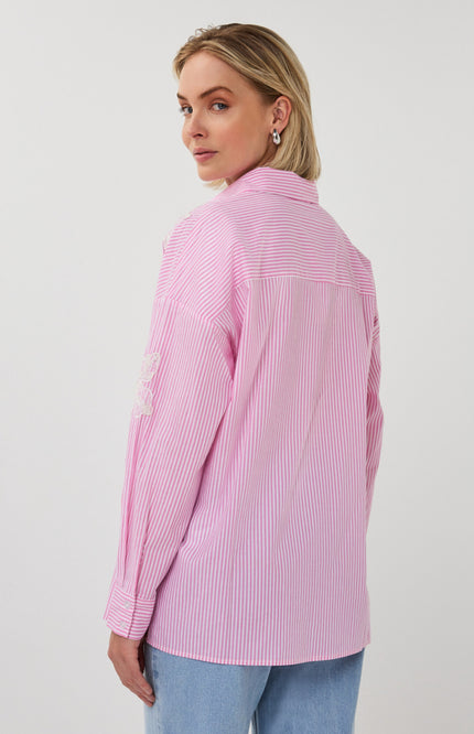 EsQualo Blouse Striped Flower Patch White Pink SP26.14028 Stretchshop.nl