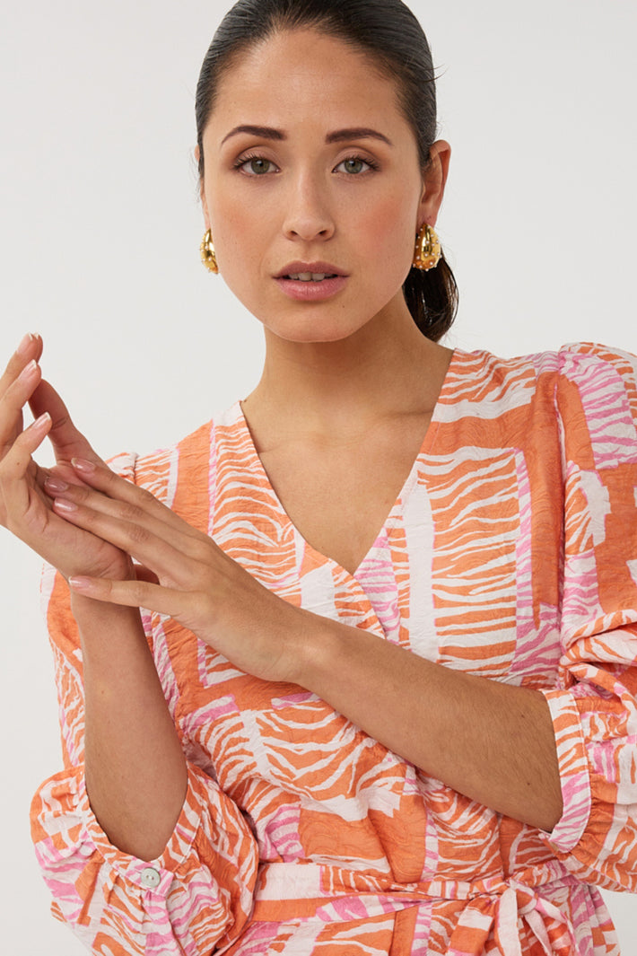 EsQualo blouse Wrap Divine Blocks print, lichte stof, met lange mouwen en knoopsluiting, casual en stijlvol voor elke dag