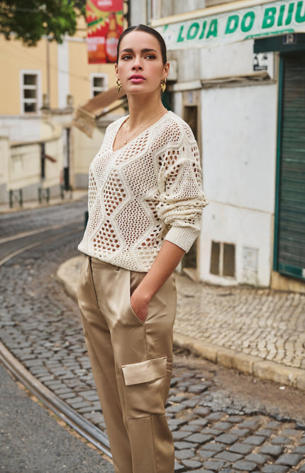 EsQualo Broek Cargo Satin Gold SP25.10024 Stretchshop.nl