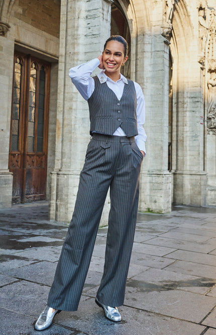 EsQualo Broek pinstripe dark grey W24.10701 Stretchshop.nl