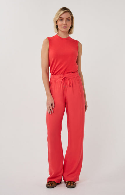 EsQualo Broek Wide Elastic Waist Slub Chili Red SP26.10033 Stretchshop.nl