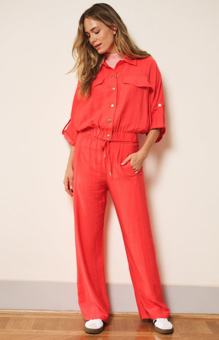 EsQualo Broek Wide Elastic Waist Slub Chili Red SP26.10033 Stretchshop.nl
