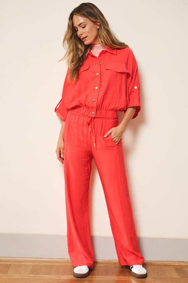 EsQualo Broek Wide Elastic Waist Slub Chili Red SP26.10033 Stretchshop.nl