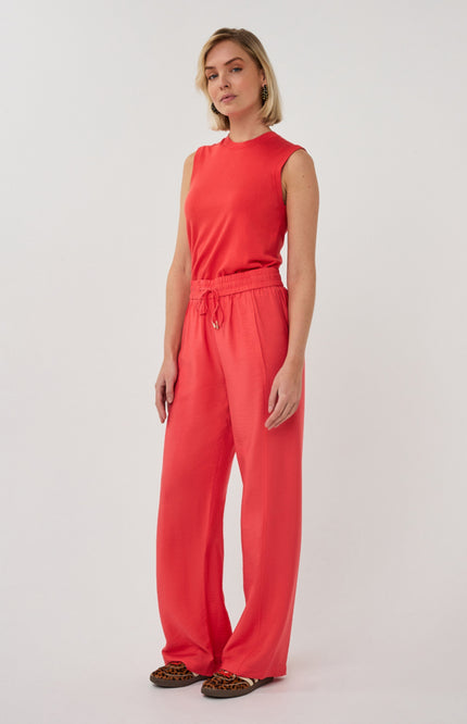 EsQualo Broek Wide Elastic Waist Slub Chili Red SP26.10033 Stretchshop.nl