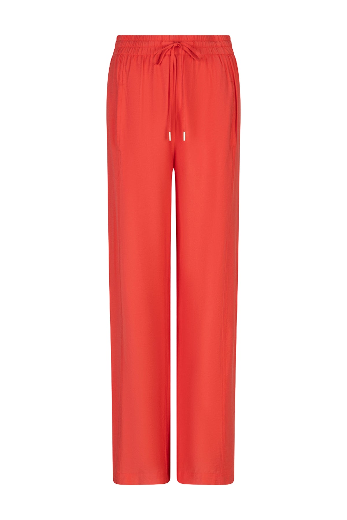 EsQualo brede elastische taillebroek met slub-stof in chili rood, comfortabel en modieus voor dames.