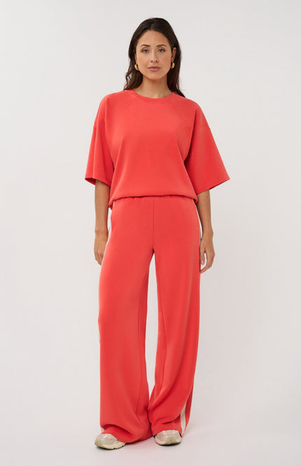 EsQualo Broek Wide Stripe Modal Chili Red SP26.05006 Stretchshop.nl