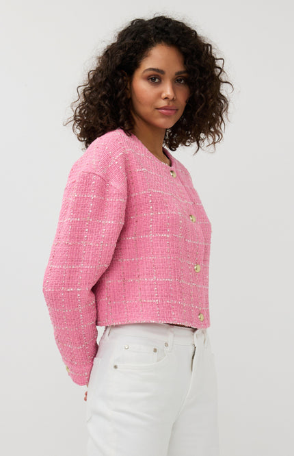 EsQualo Jacket Cropped Boucle Rose SP25.19010 Stretchshop.nl