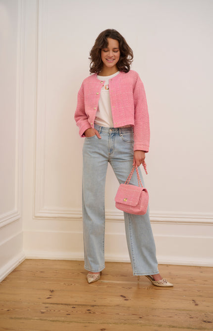 EsQualo Jacket Cropped Boucle Rose SP25.19010 Stretchshop.nl