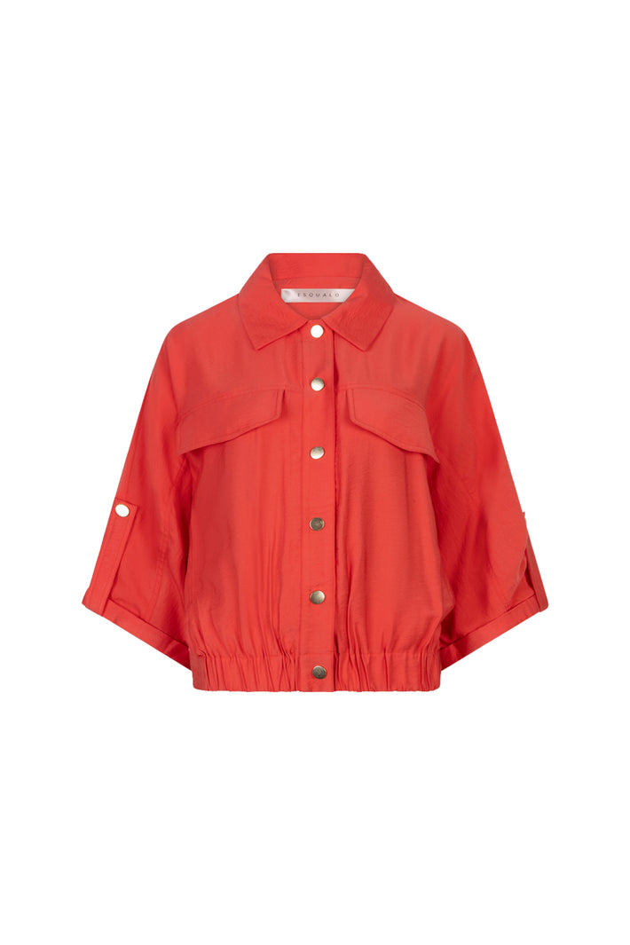 EsQualo jas Slub Chili Red met ronde hals, lange mouwen en casual stijl, zichtbaar op de afbeelding.