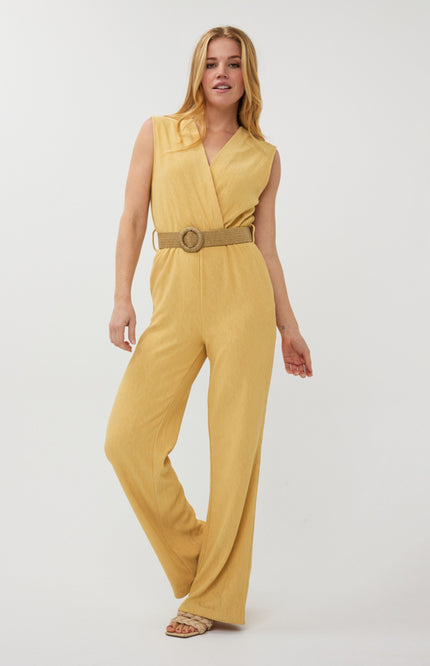 EsQualo Jumpsuit Fancy Crinkle Yellow SP25.30018 Stretchshop.nl