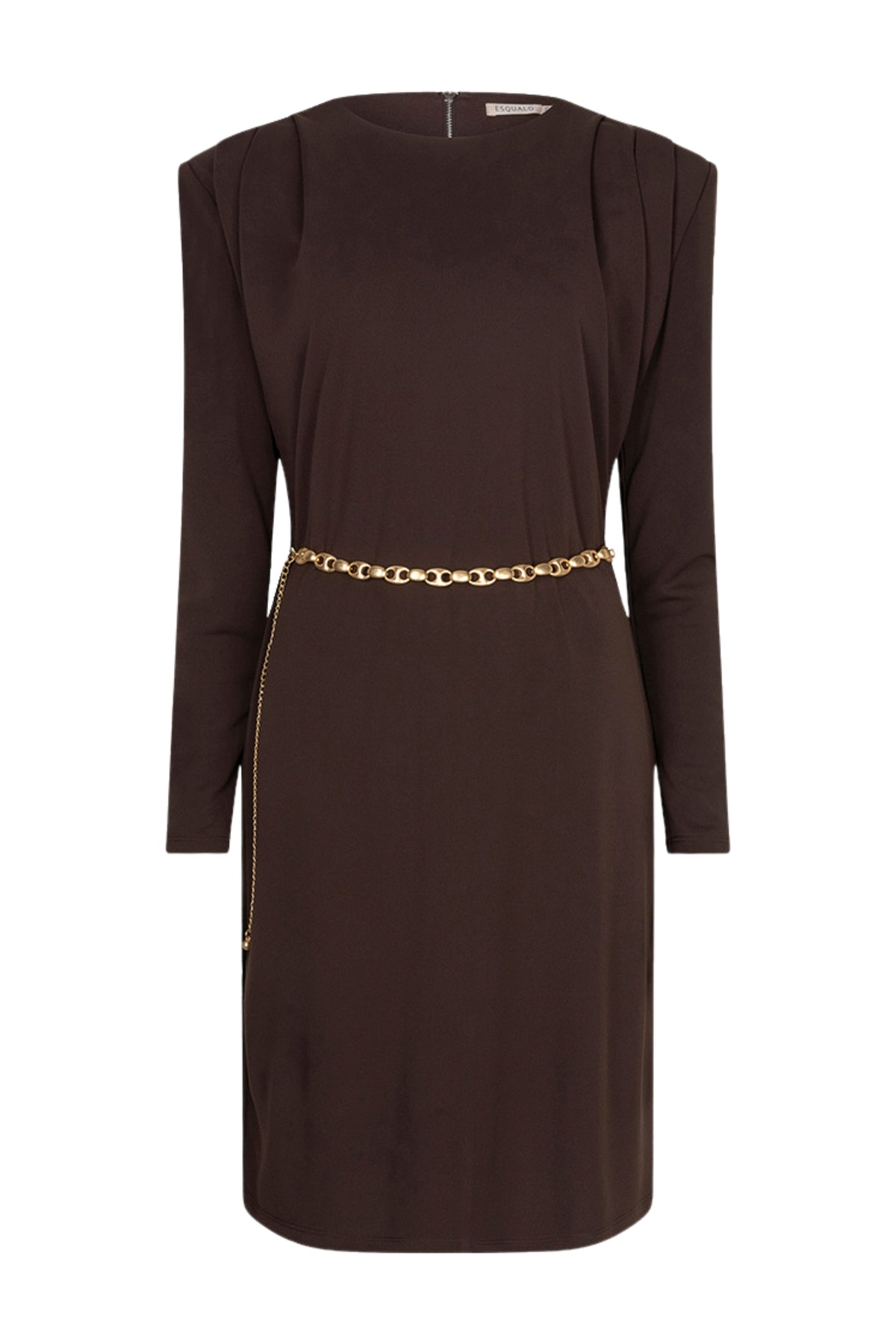 Elegante EsQualo jurk met plissé details in cacao kleur, geschikt voor casual en formele gelegenheden.
