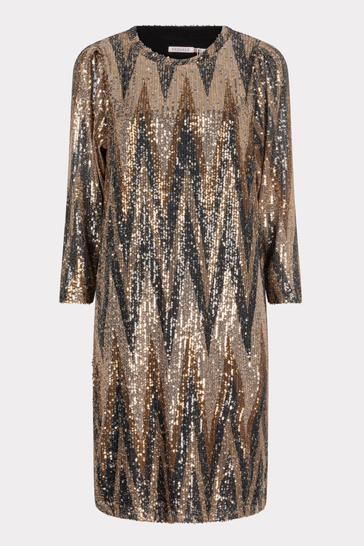 Zilverkleurige jurk van EsQualo met zigzag print en sequins, korte mouwen en elegant design.