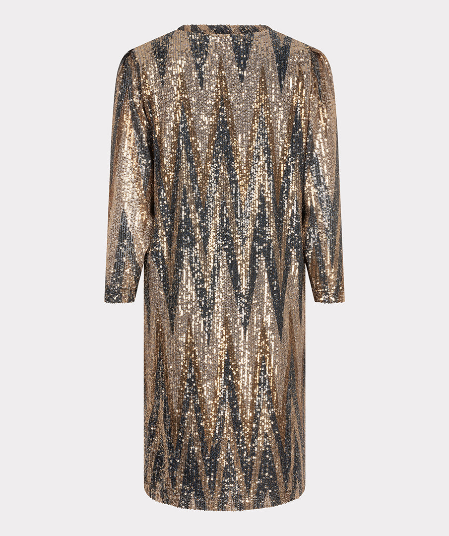 Zigzag print jurk met glittersequin details van EsQualo, korte mouw en elegante pasvorm, geschikt voor feestelijke gelegenheden.