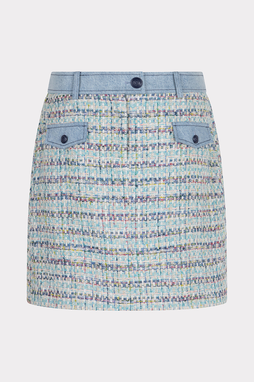 Blauwe tweed jeans rok van EsQualo met accent details, stijlvolle en modieuze damesrok voor casual en chique looks.