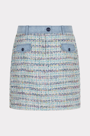 Blauwe tweed jeans rok van EsQualo met accent details, stijlvolle en modieuze damesrok voor casual en chique looks.