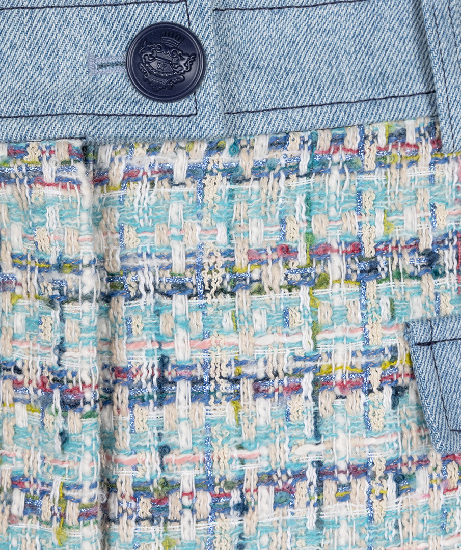 Blauwe tweed jeans rok van EsQualo met accent details, stijlvolle rok voor casual en formele gelegenheden