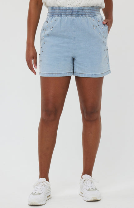 EsQualo Short Embellished Jeans Blue HS25.12203 Stretchshop.nl