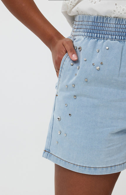 EsQualo Short Embellished Jeans Blue HS25.12203 Stretchshop.nl