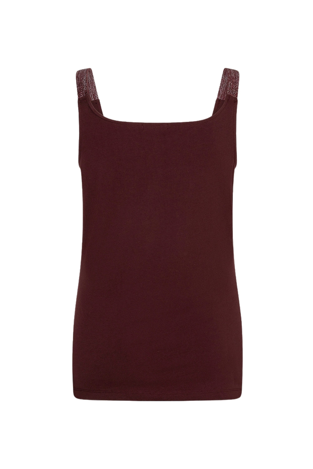 Lurex singlet met brede schouderbanden in merlotkleur van EsQualo, glanzende textuur, close-up van de stof en pasvorm